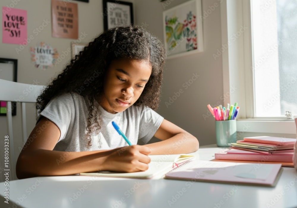 Focused student girl writing notes on notebook while studying at home Focused student girl writing notes on notebook while studying at home