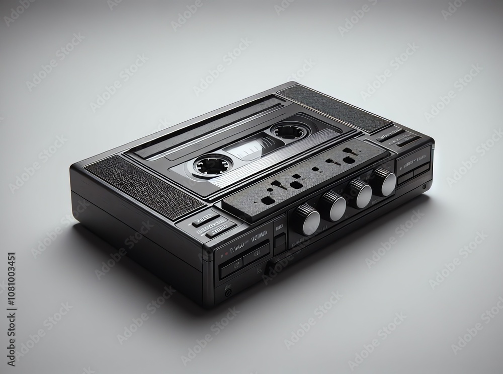 Obraz premium Vintage cassette tape player on a smooth surface, showcasing retro design and classic controls in a minimalist setting