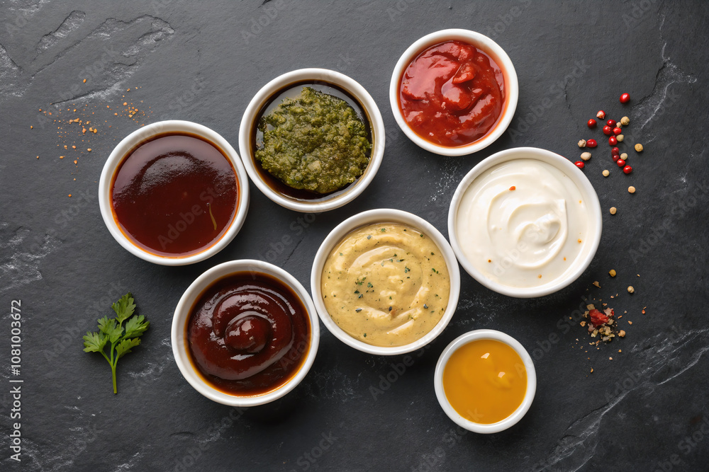Set of sauces - ketchup, mayonnaise, mustard soy sauce, barbecue sauce, pesto, shimichuri, mustard seeds and pomegranate sauce on a dark stone background. Top view copy space. Set of sauces - ketchup, mayonnaise, mustard soy sauce, barbecue sauce, pesto, shimichuri, mustard seeds and pomegranate sauce on a dark stone background. Top view copy space.