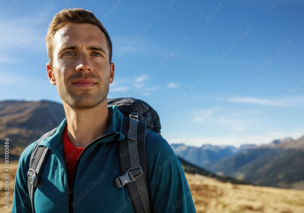 Young hiker wearing backpack admiring mountain landscape during scenic hike in sunny autumn day Young hiker wearing backpack admiring mountain landscape during scenic hike in sunny autumn day