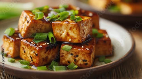 Mouthwatering S-tierled tofu in honey-balsamic sauce with green onion on a plate under bright natural light