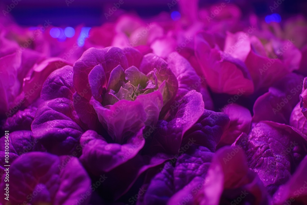 Obraz premium Radiant purple lettuce LED grow lights in indoor farming