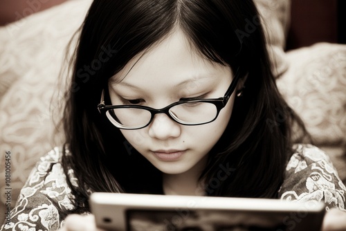 Focused young girl with glasses reading on digital tablet indoors photo