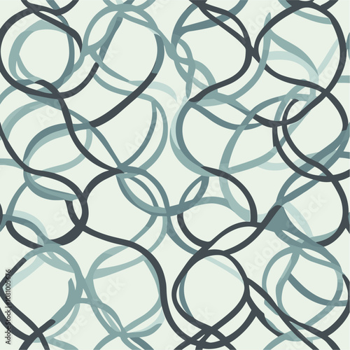 Trendy design in pale blue and charcoal with interlocking circles and lines, hand-drawn style wallpaper, elegant background pattern, stylish and unique design.