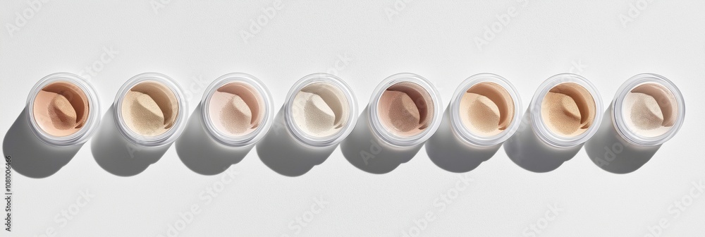 Line of cream jars with different shades arranged on white background. Closeup view showing texture and color diversity Line of cream jars with different shades arranged on white background. Closeup view showing texture and color diversity