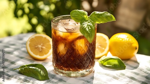 A glass of iced lemon basil tea, with fresh basil and lemon slices, in a sunny picnic setting