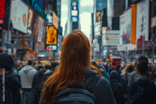 Woman facing panic in a busy city, capturing solitude amidst a crowd