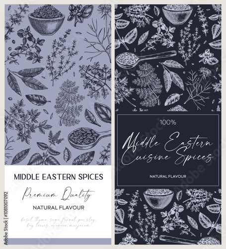 Middle Eastern spice label design set. Basil, mint, rosemary, parsley, sage, bay leaf, fennel sketches. Herbs hand-drawn vector illustration. Vintage spice templates. NOT AI generated
