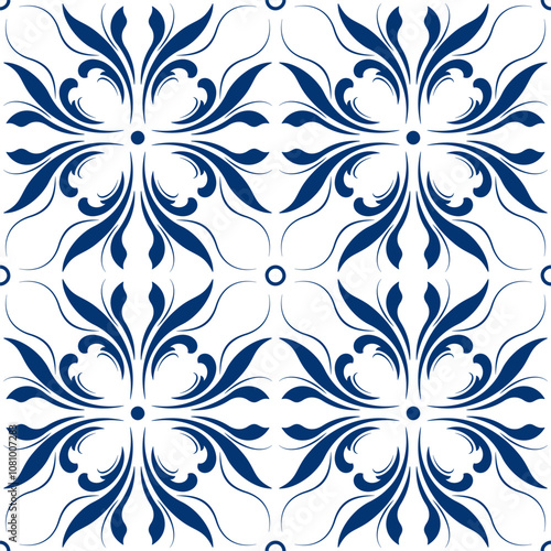 Vintage floral seamless pattern. Blue leaves on white background. Folk floral ornament vector illustration. Kaleidoscope mosaic ceramic tile. Fantasy geometric design in scandinavian style
