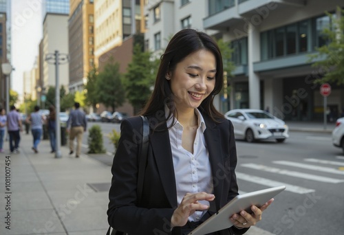 Woman in Suit Using Tablet on City Street