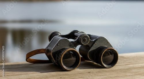 Vintage binoculars on wooden surface blurred water background