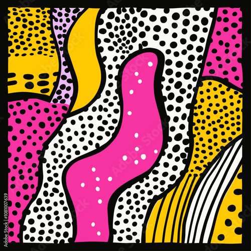 Trendy pattern vector illustration with hand-drawn abstract pop culture design, bold black lines, yellow and magenta accents, white dots, modern graphic wallpaper. photo