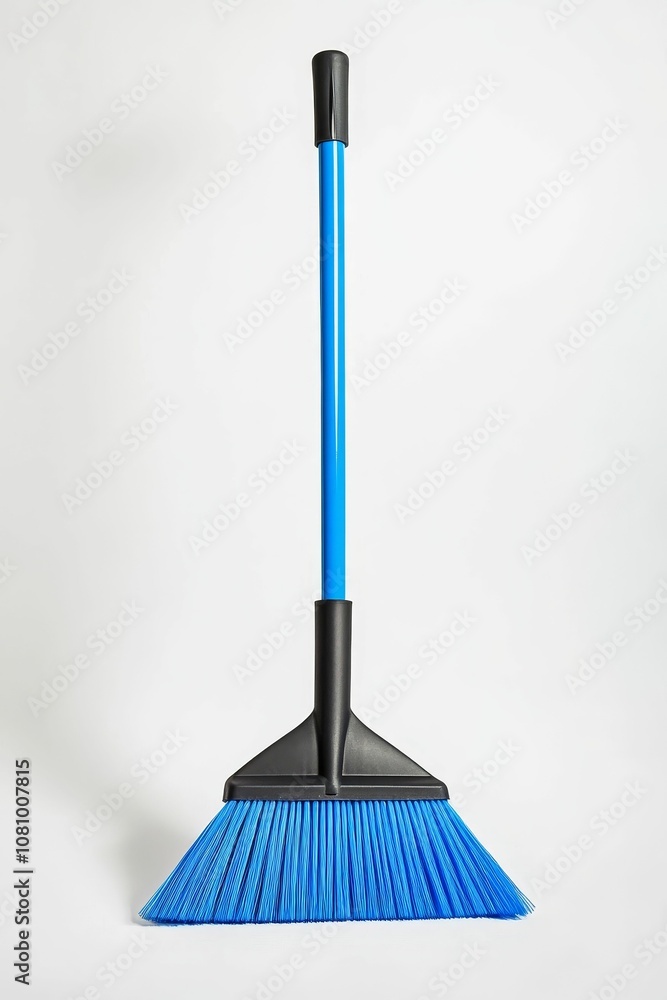Blue broom with black handle on white background. Blue broom with black handle on white background.