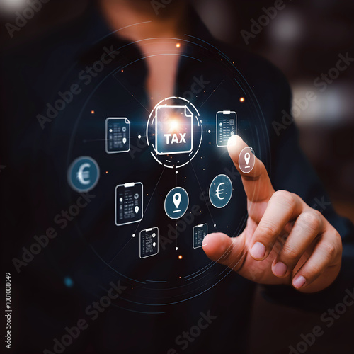 Hand, finger touching tax button on virtual screen, tax return, payment, data analysis, financial research, accounting, planning budget.