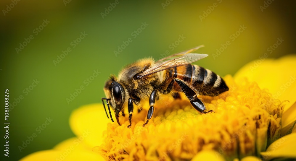 Honeybee collecting nectar on vibrant yellow flower Honeybee collecting nectar on vibrant yellow flower