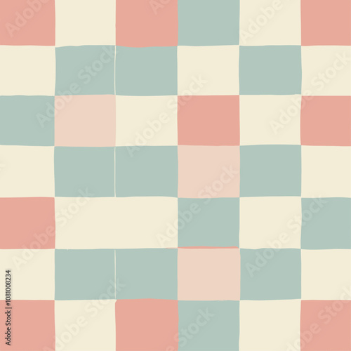 Trendy pattern in hand-drawn chessboard design with beige and pale pink squares, deep blue background, vector illustration, textile design, wallpaper, card design, banner.