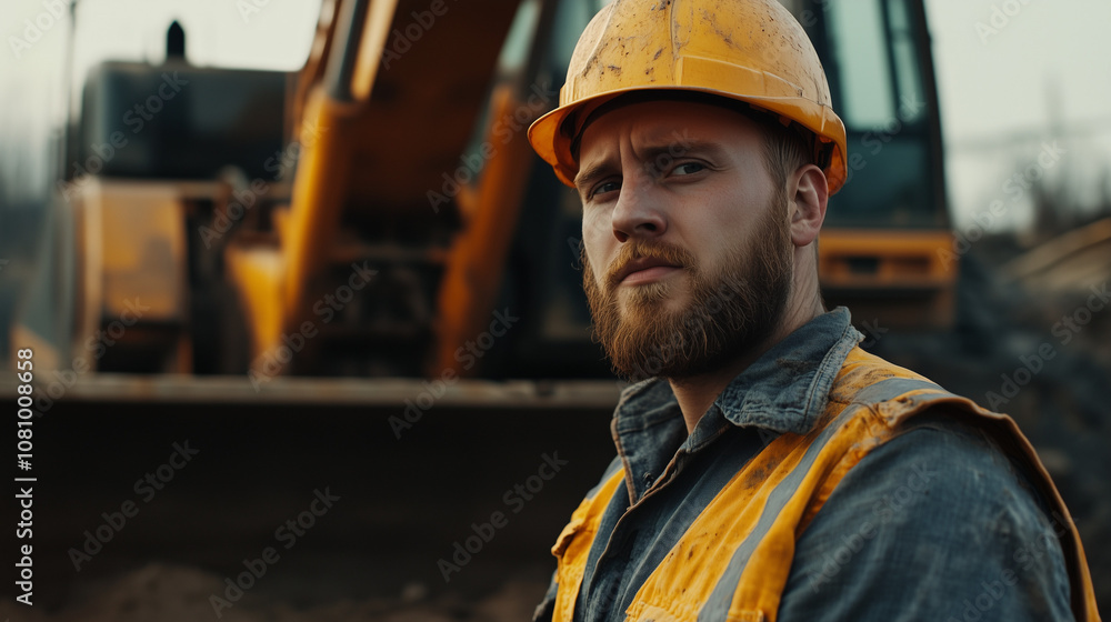 construction worker in a hardhat, a worker in a protective helmet on the background of a construction site, a worker on the background of an excavator construction worker in a hardhat, a worker in a protective helmet on the background of a construction site, a worker on the background of an excavator