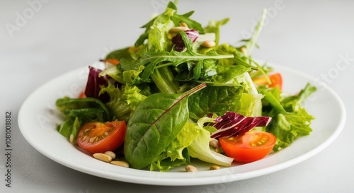 Fresh mixed greens salad on white plate