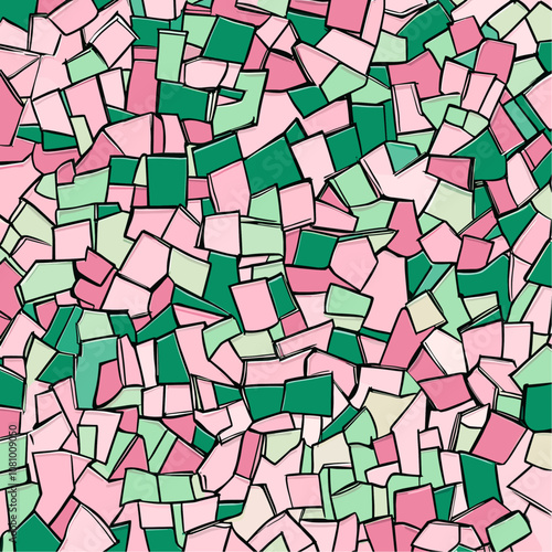 Modern geometric design with hand-drawn pink and green clusters, forming a layered chaotic trendy pattern, vector illustration for wallpaper. photo