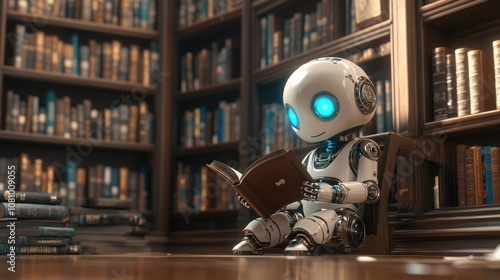 Robot reading in a cozy library setting.