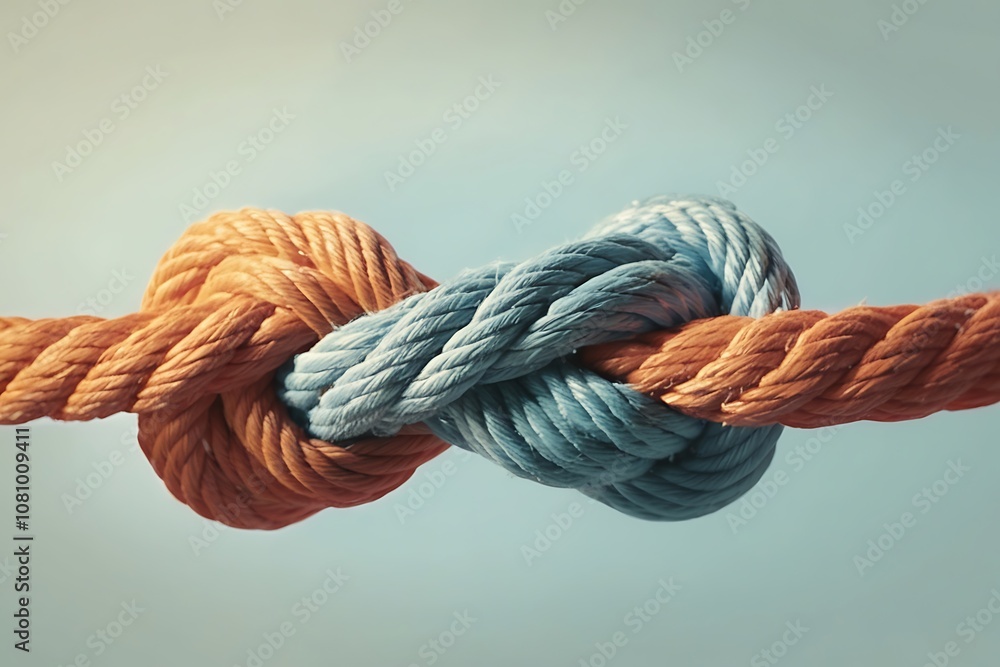 Two ropes of different colors tied together in a complex knot, symbolizing connection, unity, and problem-solving. Two ropes of different colors tied together in a complex knot, symbolizing connection, unity, and problem-solving.