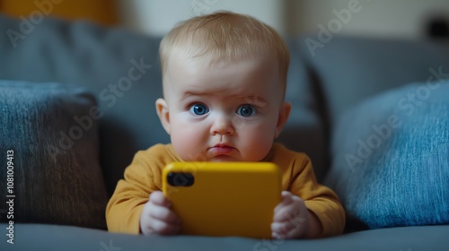 A curious baby girl with big blue eyes stares intently at a yellow smartphone while lying on a grey sofa. photo