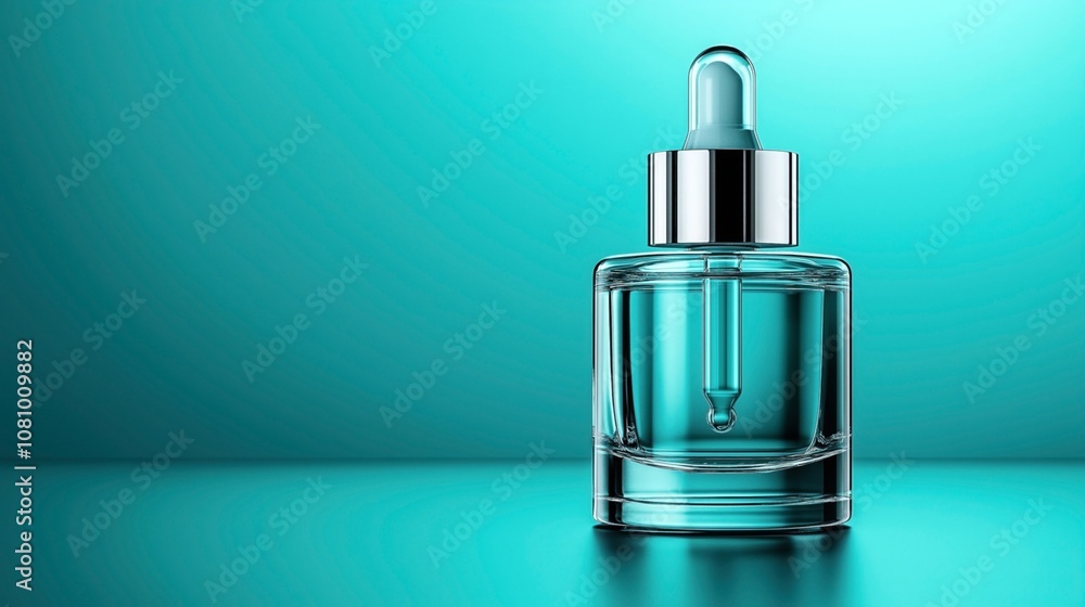 Naklejka premium Glass dropper bottle with liquid on reflective surface against bright turquoise gradient background, highlighting elegance and simplicity of beauty or skincare product packaging.