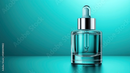 Glass dropper bottle with liquid on reflective surface against bright turquoise gradient background, highlighting elegance and simplicity of beauty or skincare product packaging.