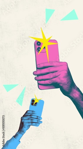 Motion creative art collage video of hands hold phone flash camera shooting video recording paparazzi photographing