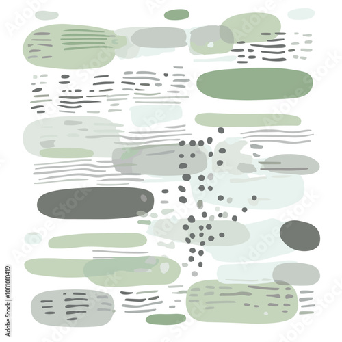 Soft grey and muted green trendy pattern, hand-drawn abstract dots and lines, contemporary fine print design, vector illustration, modern wallpaper, artistic pattern.