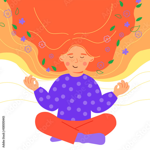 Happy child girl  meditating with flowing hair and floral elements, Relaxation and Peace Concept