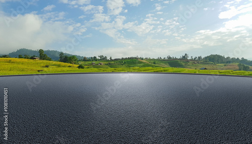 Fototapeta Naklejka Na Ścianę i Meble -  Asphalt parking lot or road with mountain background, backdrop for product display, black rough surface, cars, technology, modern equipment, surface for automotive showroom.