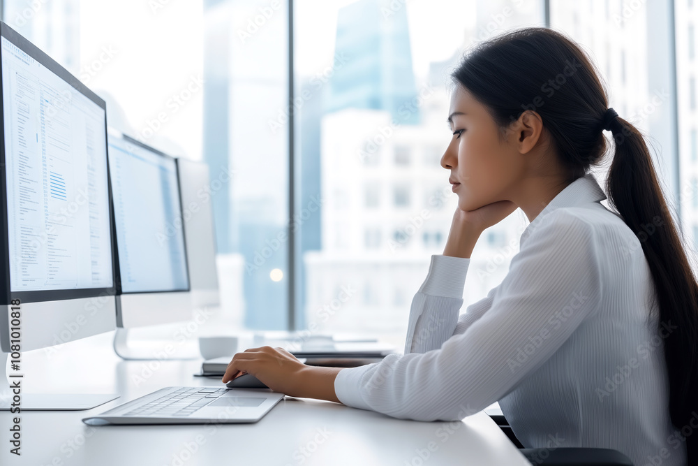 Businesswoman focused on computer at desk in modern office, side view, urban setting Businesswoman focused on computer at desk in modern office, side view, urban setting
