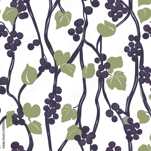 Elegant hand-drawn illustration of grape stems in dark purple and green, trendy pattern design for wallpaper and home decor, perfect for vineyard-style interiors. photo