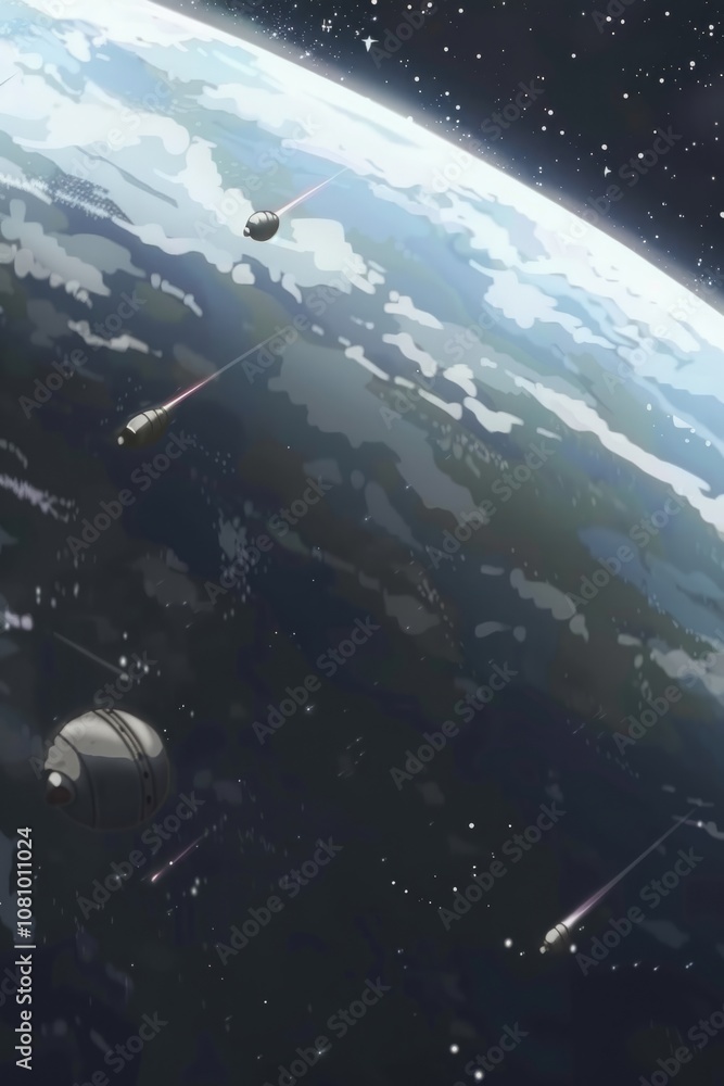 Obraz premium Satellites and debris orbiting earth in space animation. Concept of Science Fiction Day
