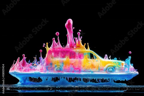 Colorful liquid splash resembling taxi on black background photo