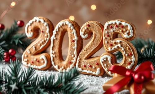 2025 shaped from gingerbread cookies with icing and sprinkles christmas backdrop professional studio photography 