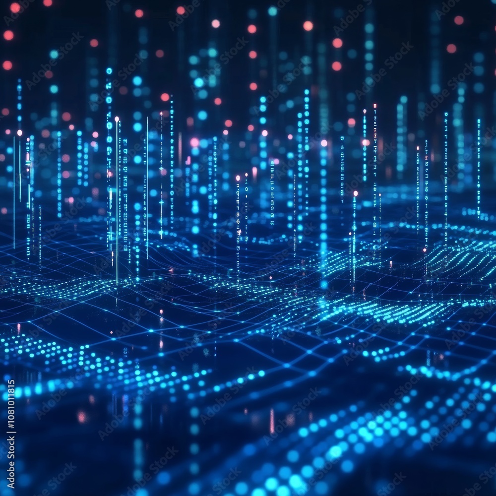 Fototapeta premium A blue, pixelated background showing a technology and finance network. It's an abstract image related to business and science.