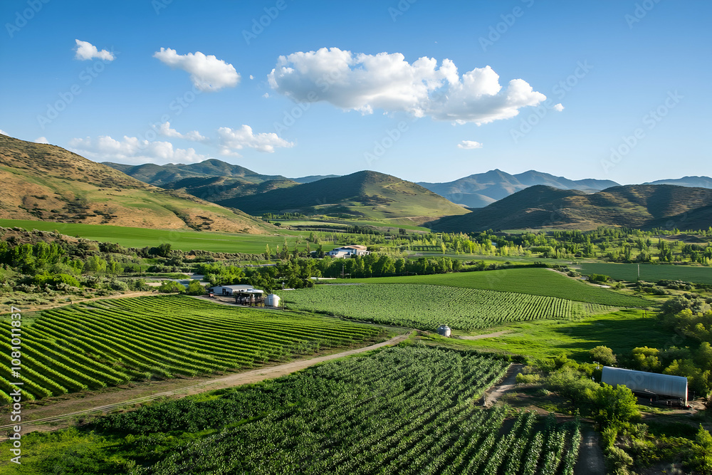 Naklejka premium Vast green vineyards stretch across the landscape, framed by majestic hills and a clear sky