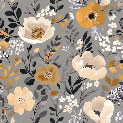 Elegant wallpaper with floral design and golden florals, soft lavender accents, trendy pattern, artistic background, moody gray background, textile pattern, vector illustration