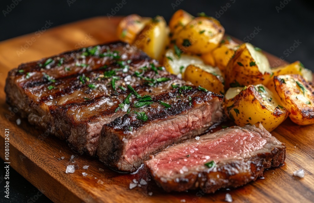 Sliced prime rib with roasted potatoes and garlic on a wooden board Sliced prime rib with roasted potatoes and garlic on a wooden board