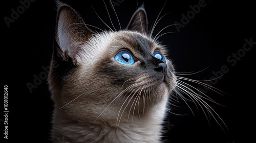 A Siamese cat with piercing blue eyes gazes upwards against a black background.