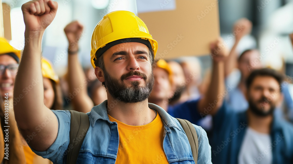Construction worker with a raised fist during a city protest Construction worker with a raised fist during a city protest