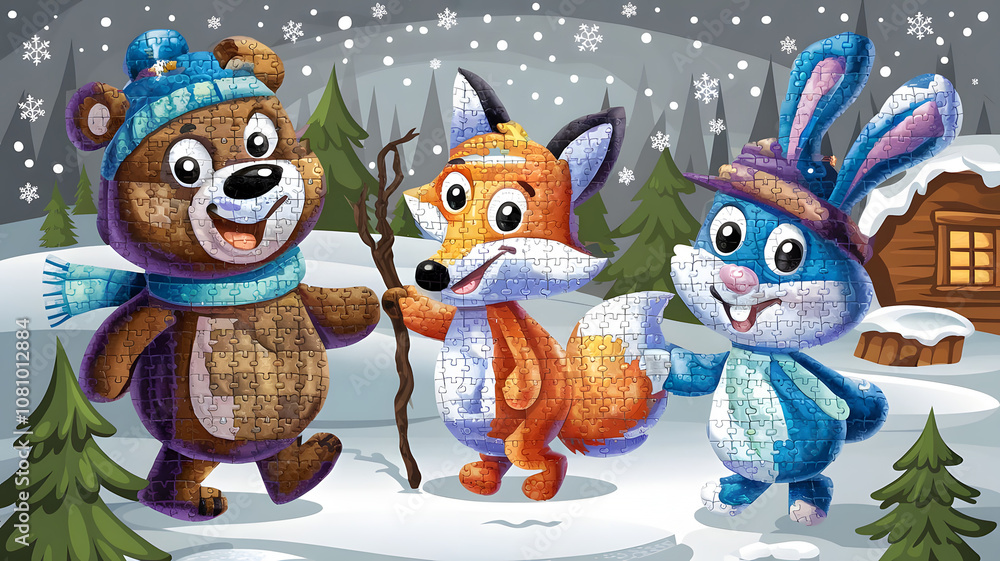 Christmas puzzle featuring cheerful cartoon animals—a bear, fox, and rabbit—celebrating the holiday in a winter scene. Christmas puzzle featuring cheerful cartoon animals—a bear, fox, and rabbit—celebrating the holiday in a winter scene.