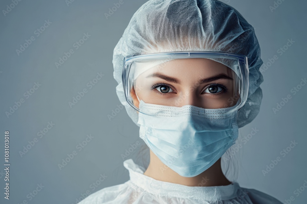 Healthcare professional in protective gear preparing for a medical task in a clinical environment Healthcare professional in protective gear preparing for a medical task in a clinical environment