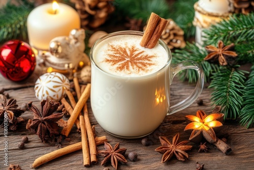 Festive eggnog cup with cinnamon cozy Christmas decor