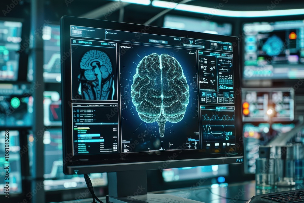 brain testing result on digital interface on laboratory or surgery background, innovative technology in science and medicine concept. medical technology brain testing result on digital interface on laboratory or surgery background, innovative technology in science and medicine concept. medical technology