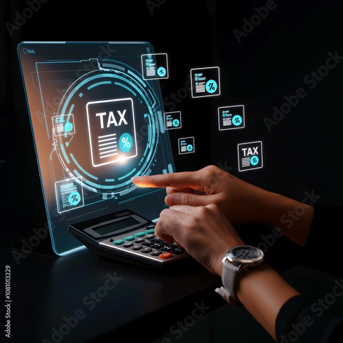 Wallpaper Mural Hand, finger touching tax button on virtual screen, tax return, payment, data analysis, financial research, accounting, planning budget. Torontodigital.ca