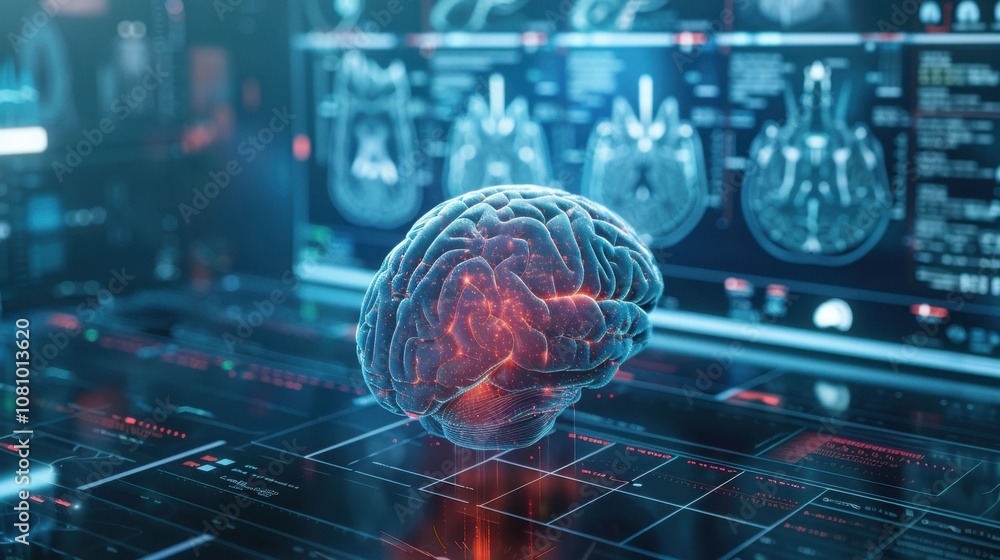 Obraz premium brain testing result on digital interface on laboratory or surgery background, innovative technology in science and medicine concept. medical technology