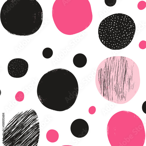 Artistic pattern with oversized black dots and pink accents on white background trendy pattern hand-drawn polka dot mix vector illustration textile design card